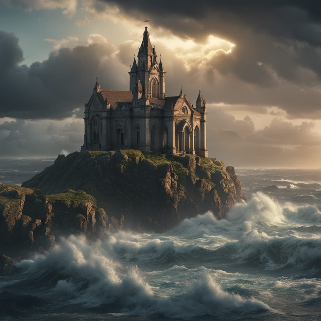 Ancient Gothic Church on Cliff Overlooking Stormy Sea