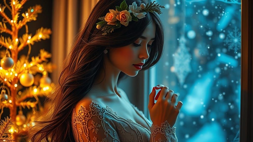 A Serene Christmas Maiden in Golden Glow