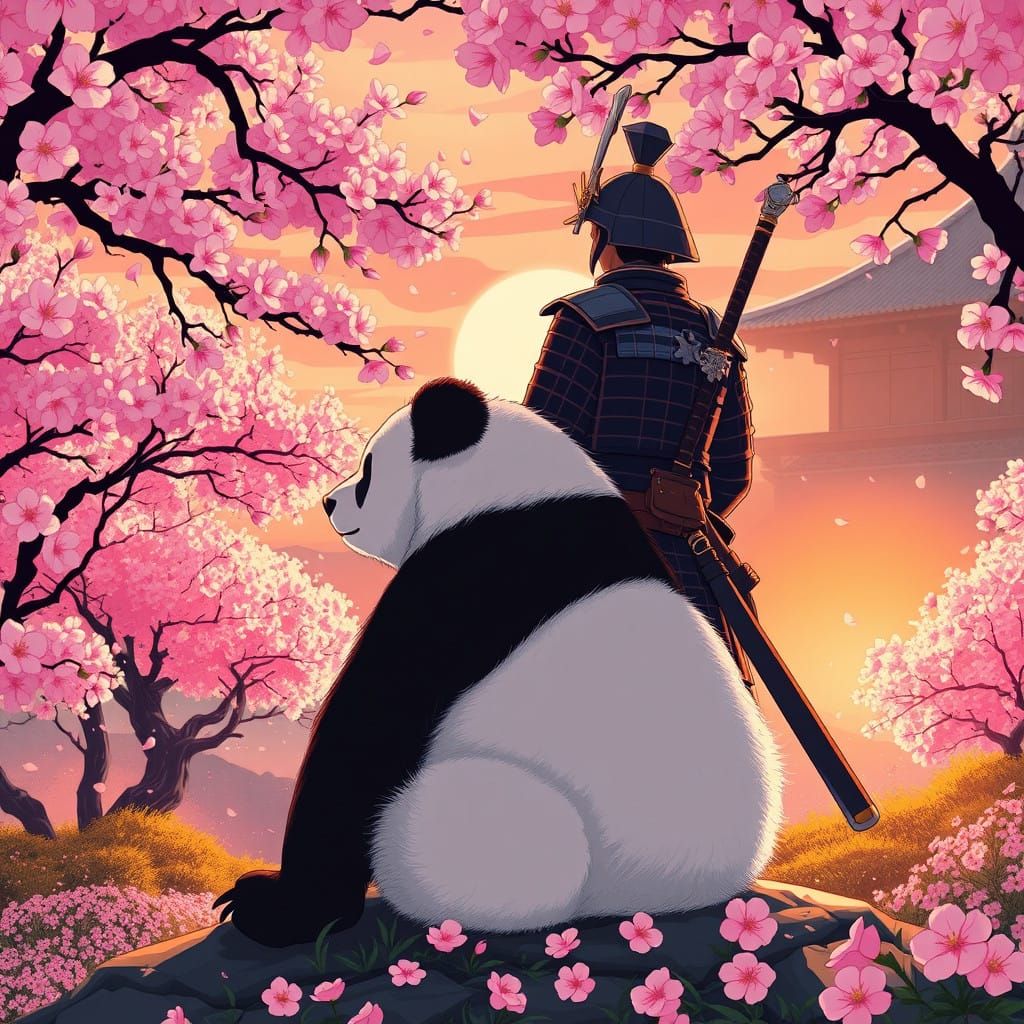 Serene Samurai and Panda in Cherry Blossom Garden