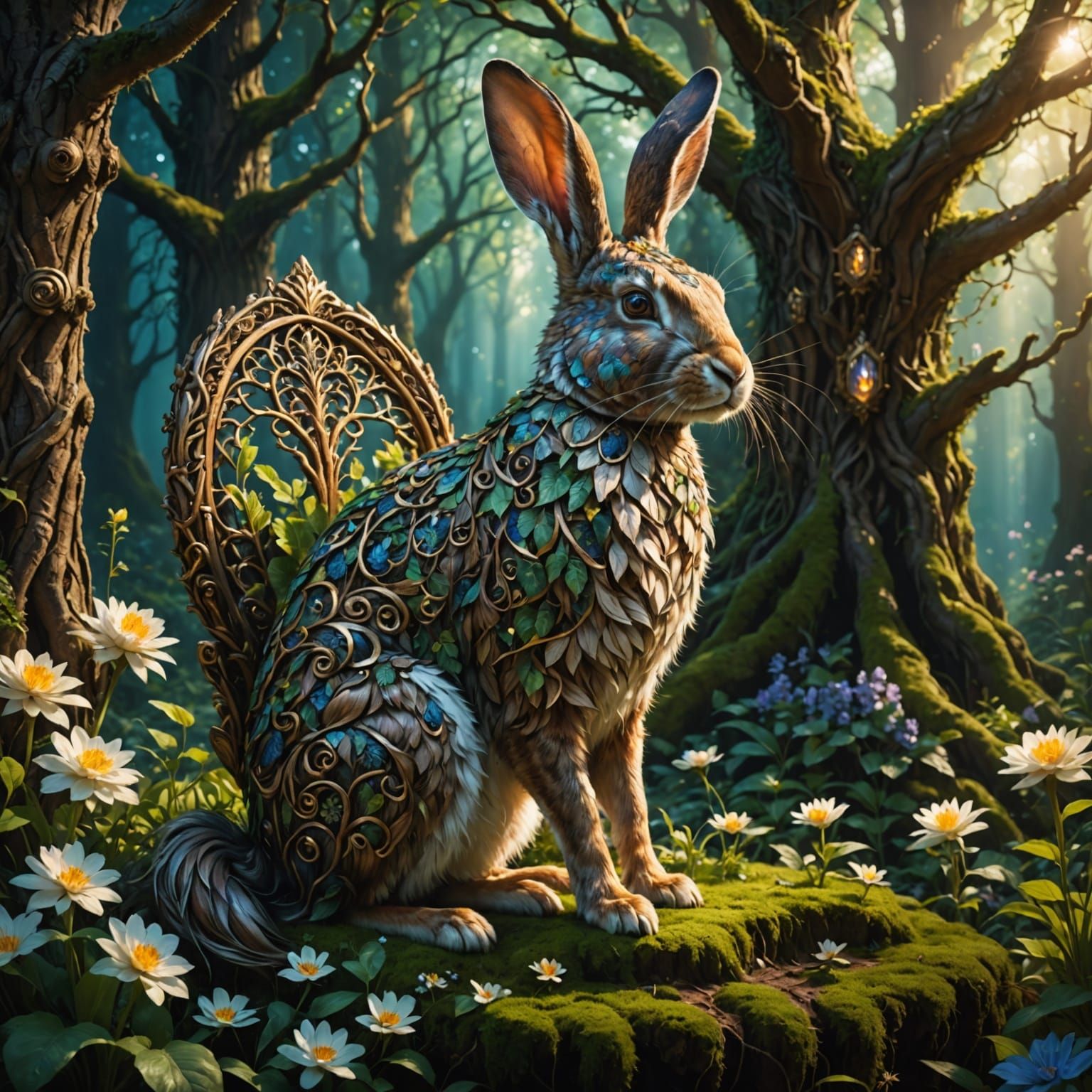 Majestic Rabbit King on Root Throne in Enchanted Forest