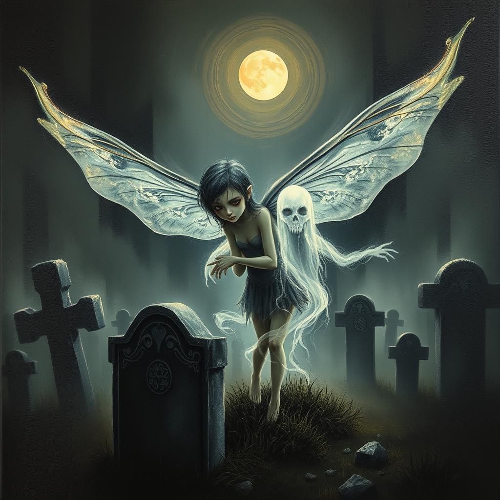 Eerie Cemetery Fairy Elf with Ghost in Impasto Style