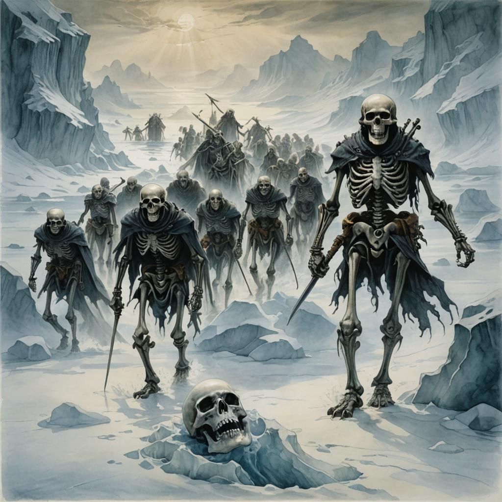 Skeletons Journey Across Frozen Sea in Watercolor