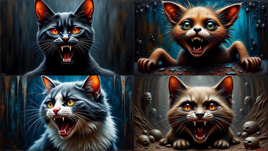 Dark Whiskered Feline with Fangs in Macabre, Detailed Style