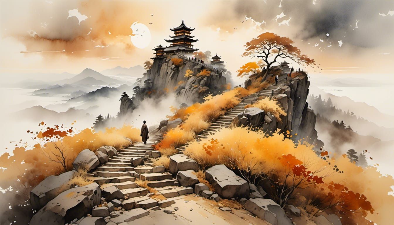 Watercolor Pilgrims Climb Sacred Mountain Stairway