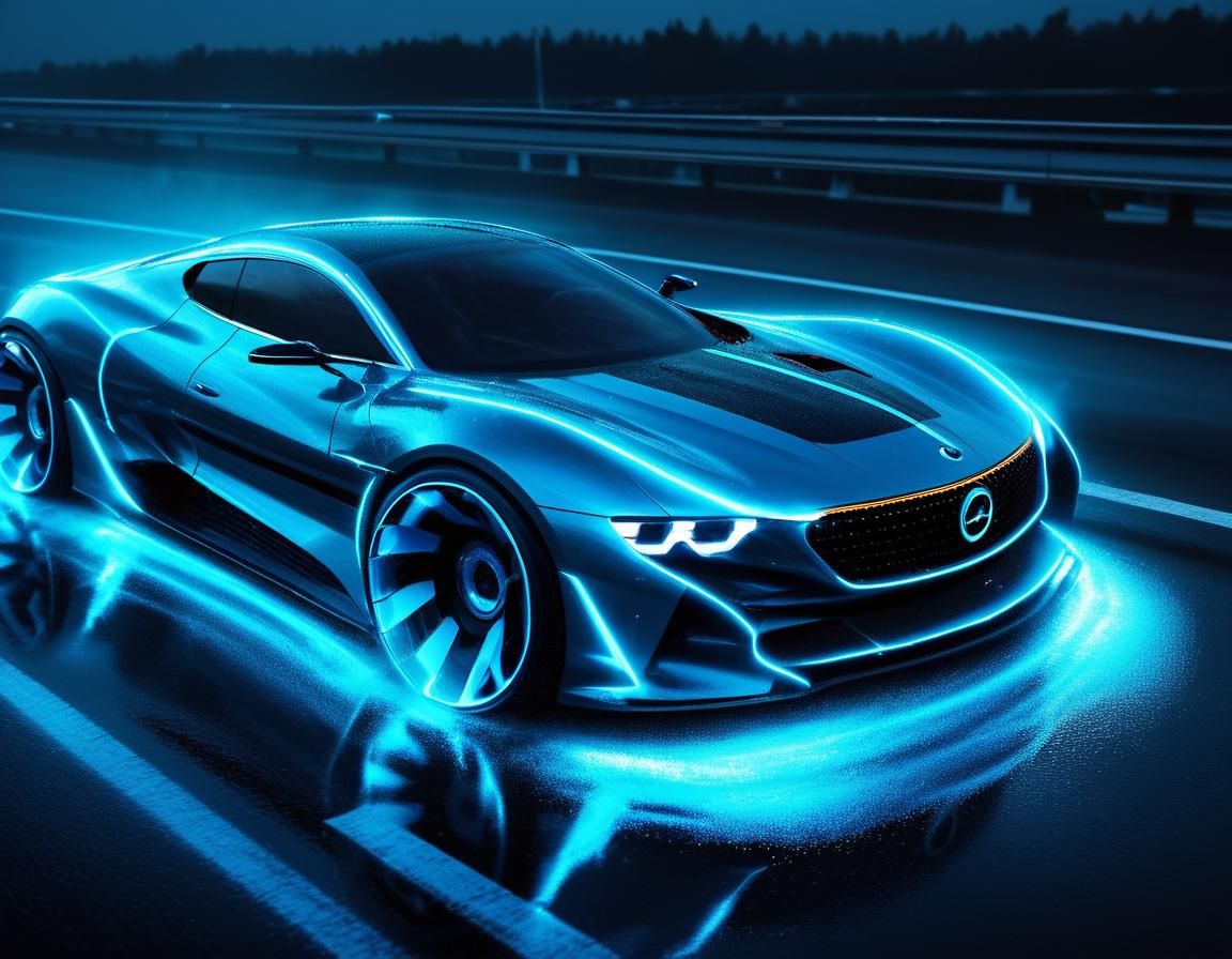 Futuristic Sport Car on Misty Highway in Cyberpunk Style