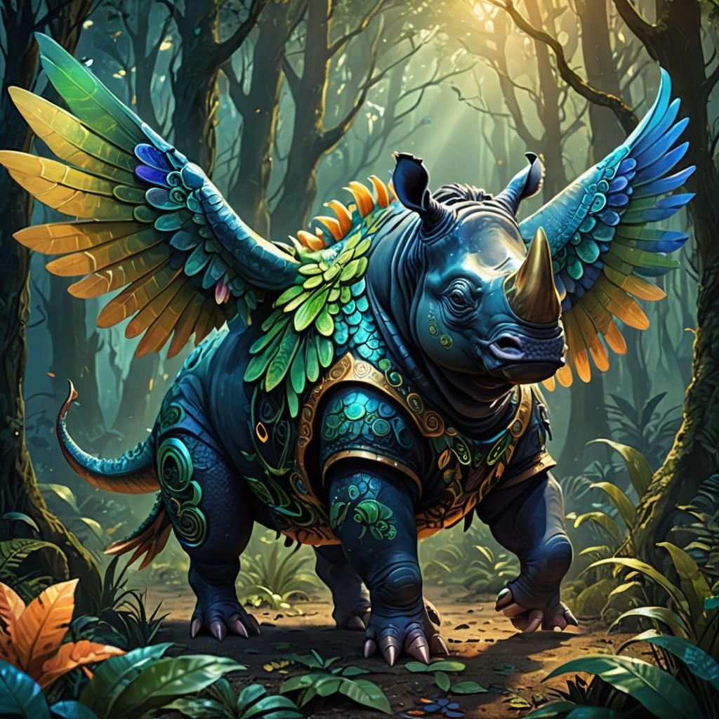 Rhino-Octopus-Toucan Hybrid Creature in Mystical Forest