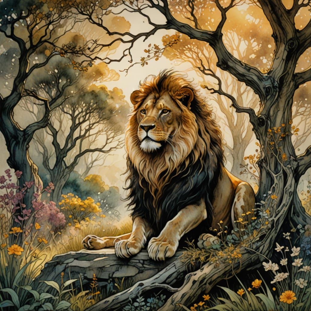 Lion King on Throne in Arthur Rackham Style