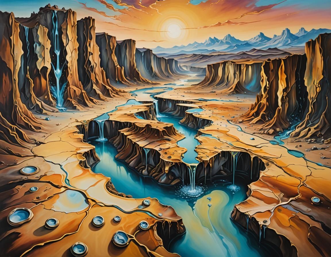 Surreal River in Desolate Landscape, Oil on Canvas
