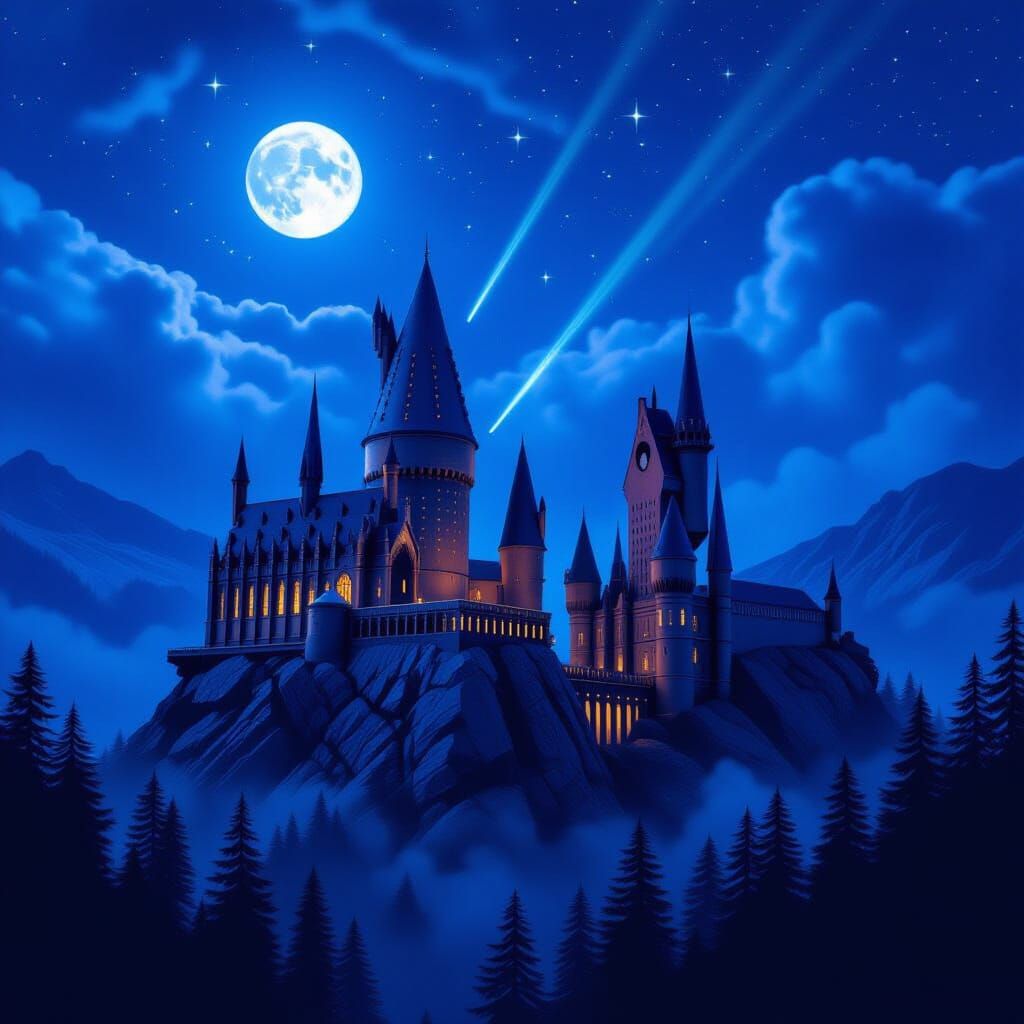 Hogwarts Castle at Night in Digital Matte Painting Style