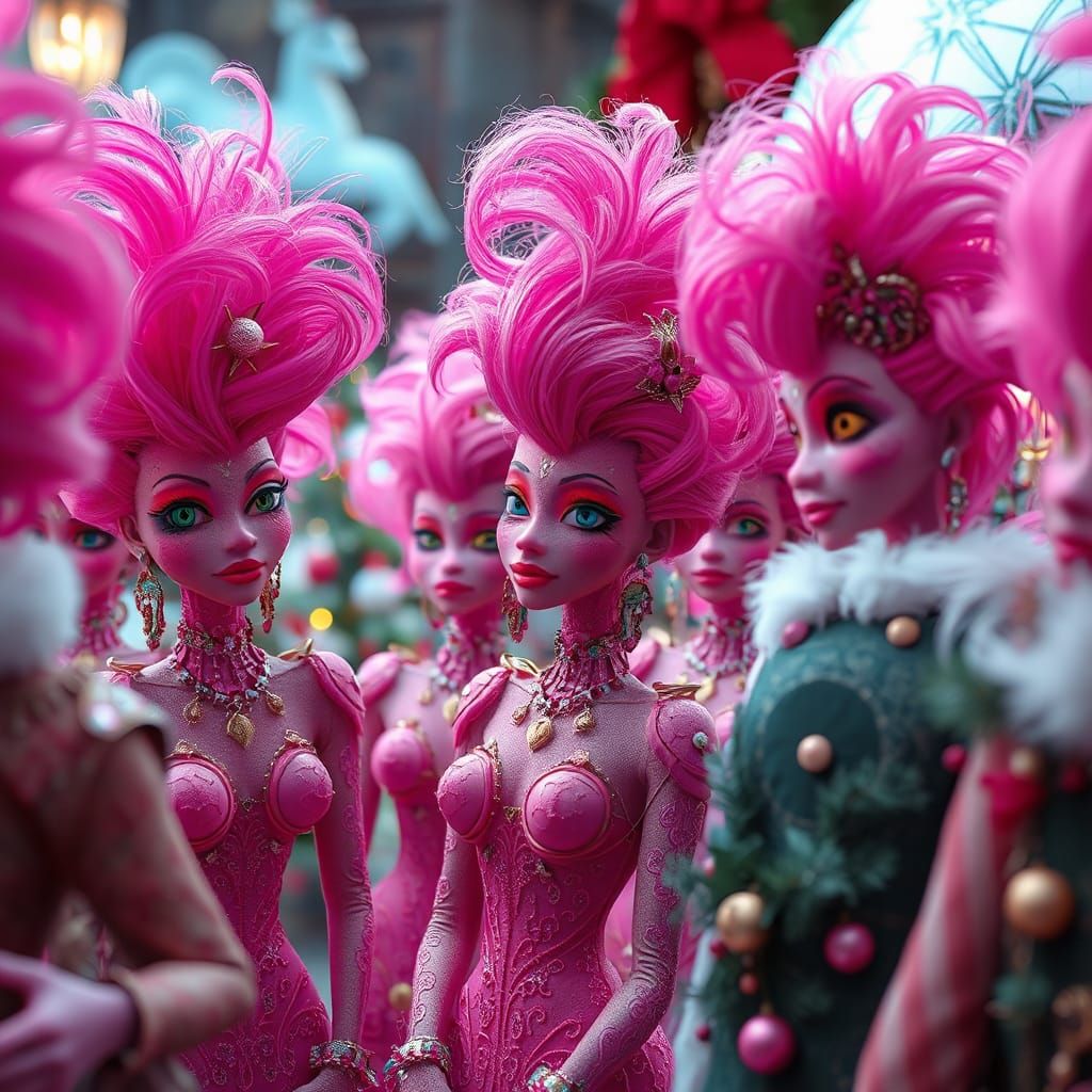 Whimsical Pink Inhabitants of Ville-Who in Festive Christmas...