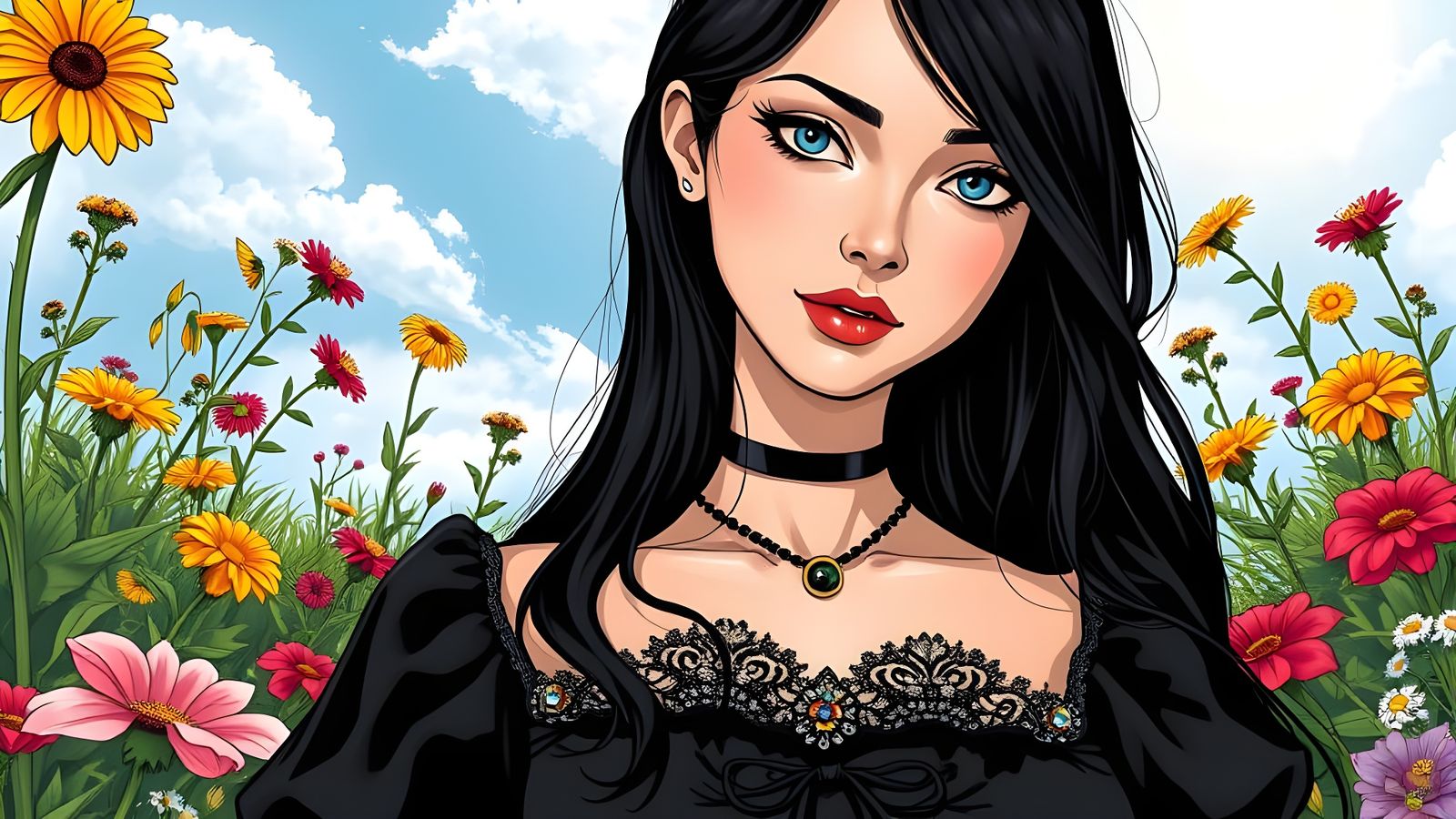 Ethereal Gothic Maiden in Vibrant Summer Garden