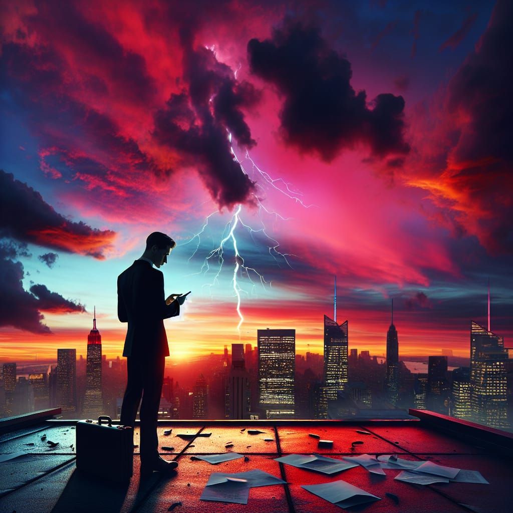 Contemplative Man at Sunset with Lightning Strike