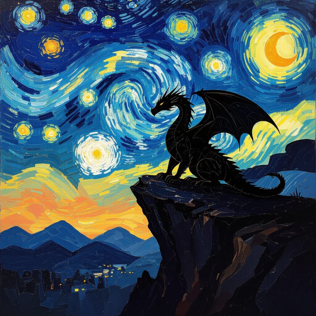 Dragon Silhouette Under Van Gogh Starry Night Sky