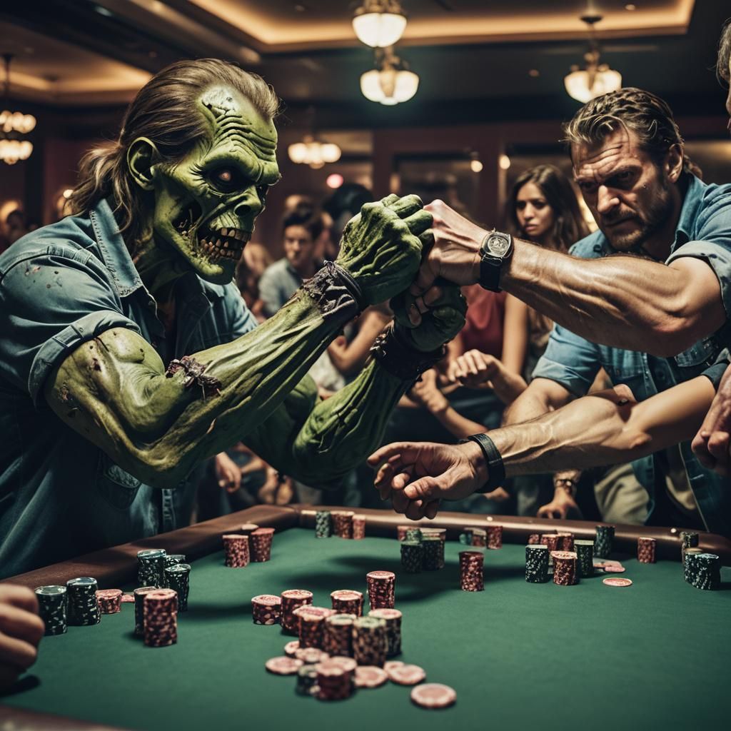 Zombie Arm Wrestles in Vegas Casino: Cinematic Still