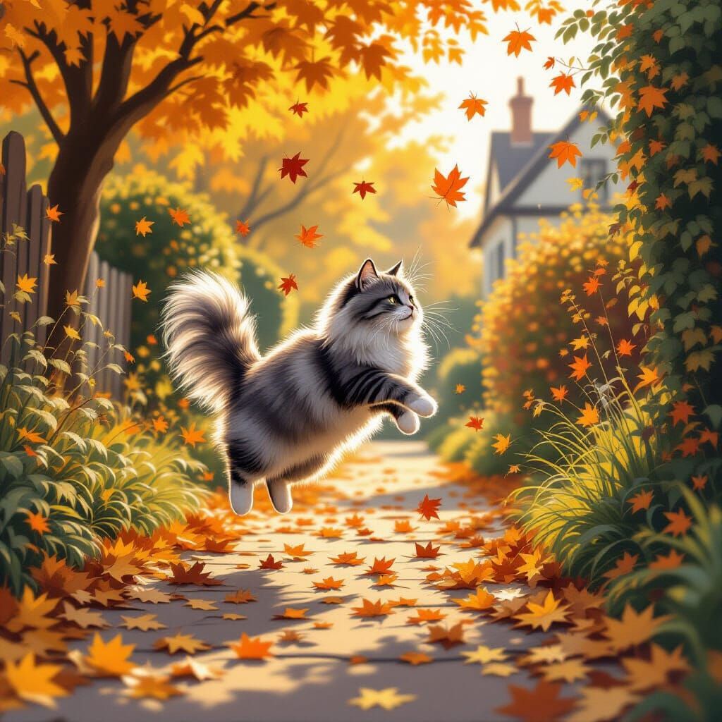 Fluffy Gray Cat Pounces in Autumn Leaves