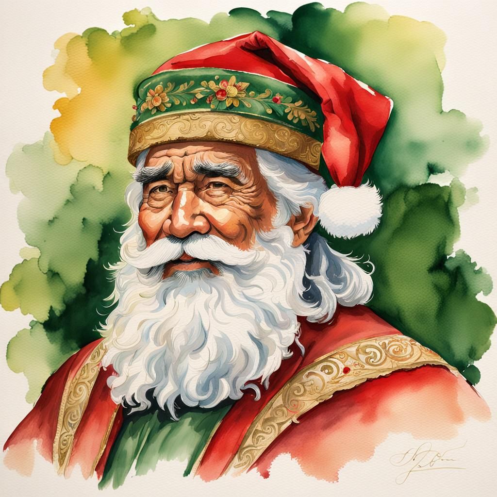 Papai Noel Portrait in Ink and Watercolor