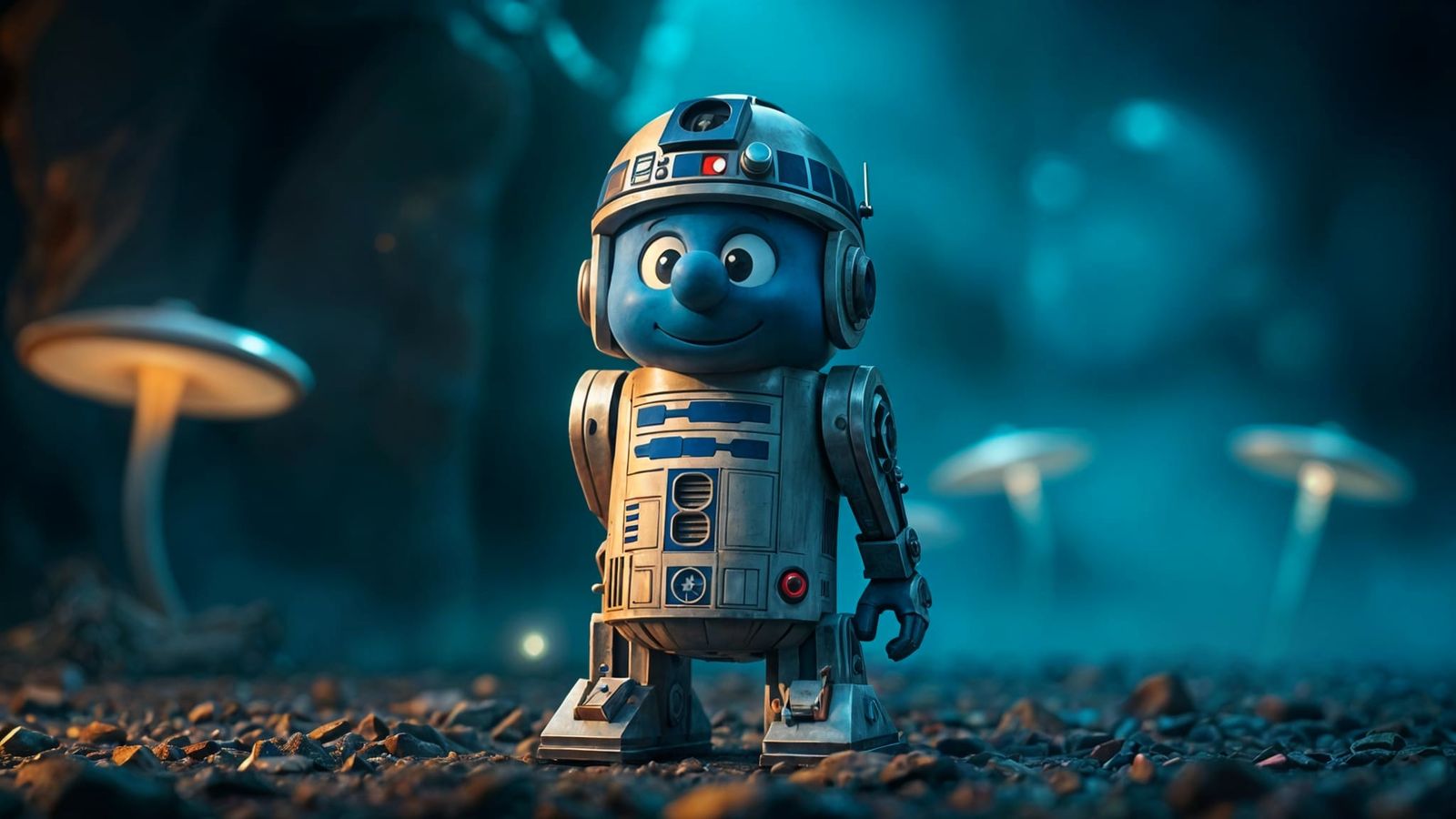 R2-D2 Smurf Mashup in Futuristic Sci-Fi Style