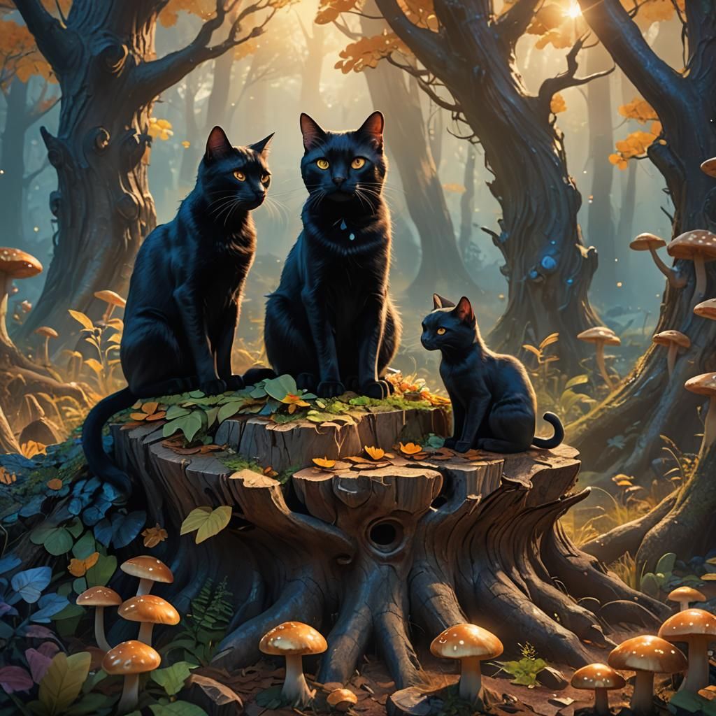 Mystical Black Cats Meeting in Fantasy Forest