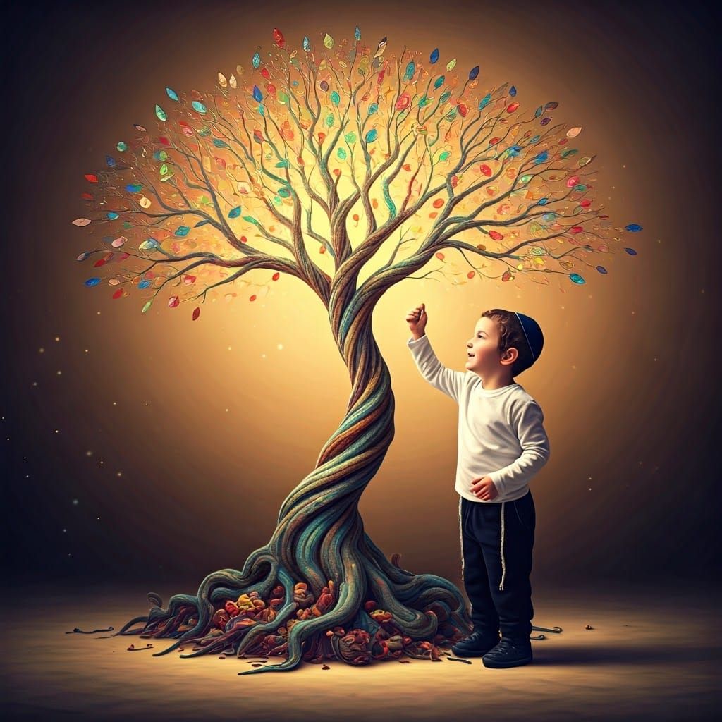 Joyful Boy Picks Candy from a Whimsical Tree