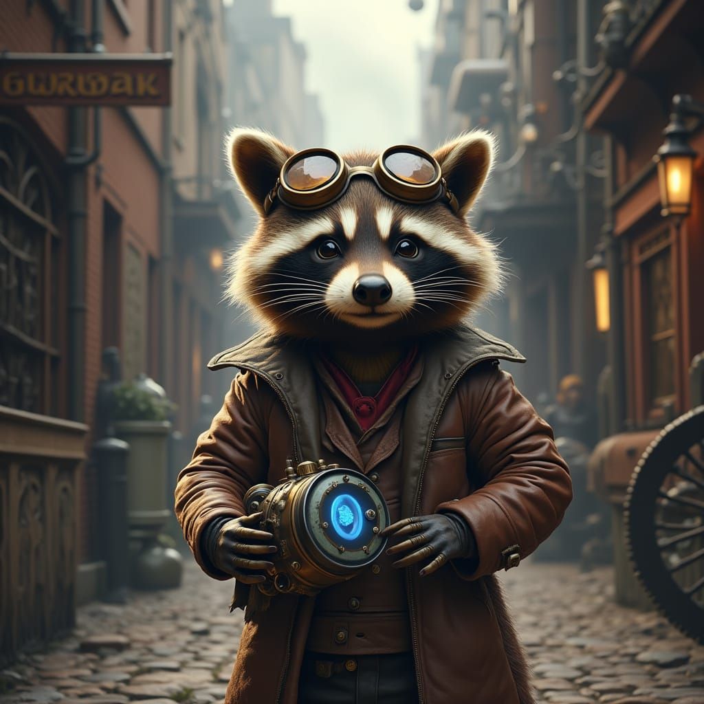 Steampunk Raccoon with Mechanical Gadget