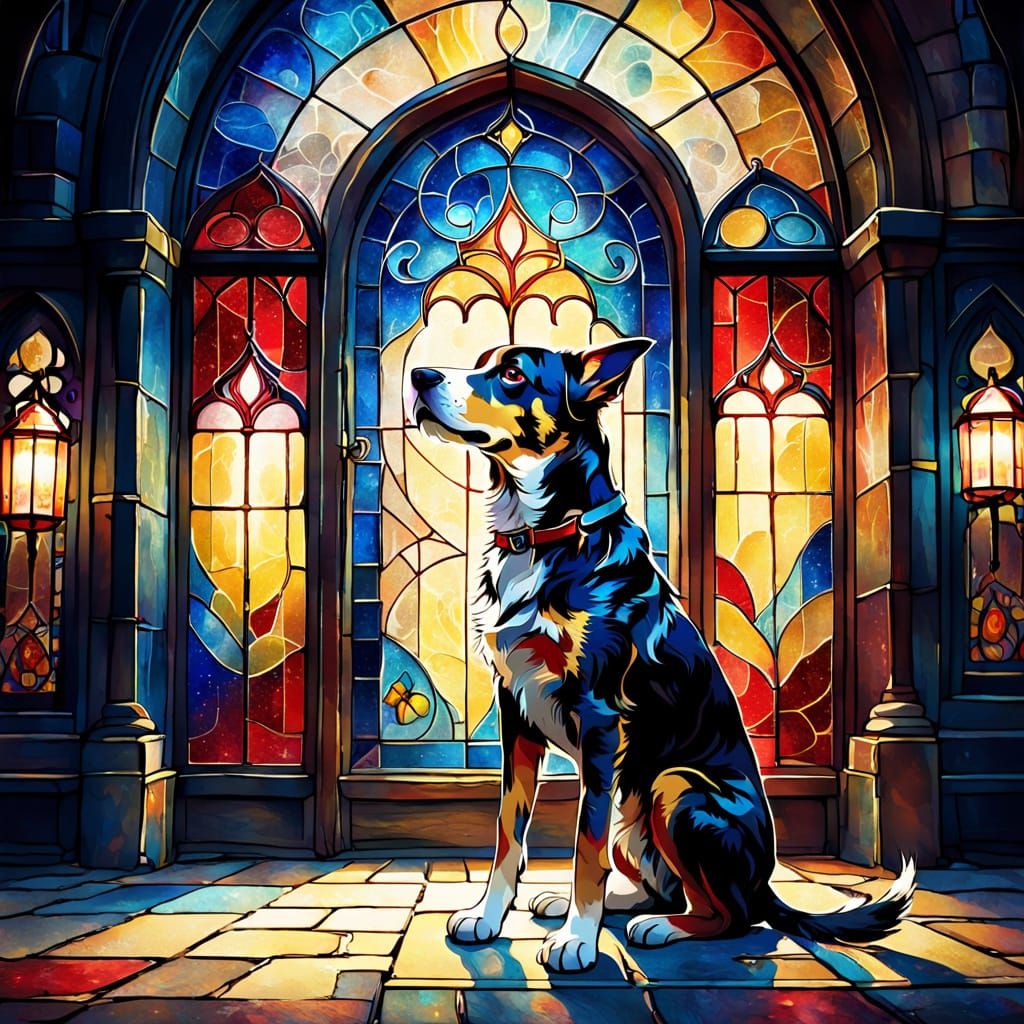 Dog Before Magical Stained Glass Lantern