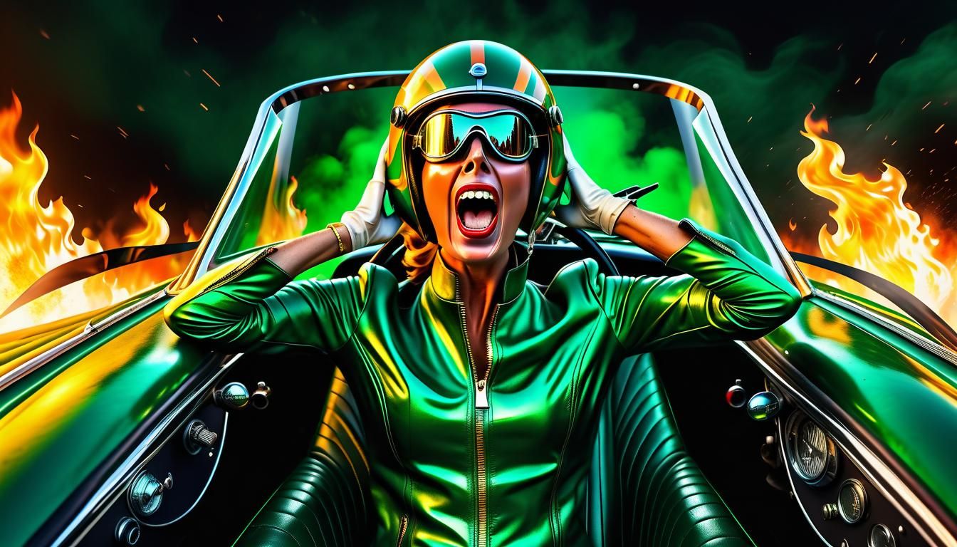 Terrified Woman in Burning 60s Race Car