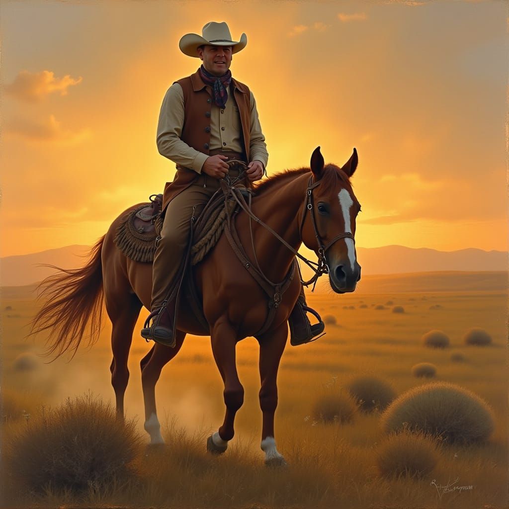 Cowboy on Horseback at Sunset, Western Art Style