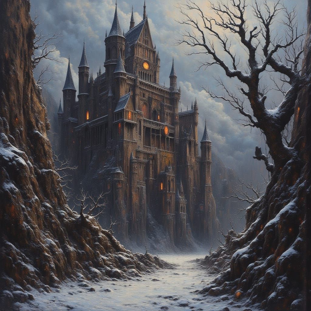 Gothic Fantasy Castle Oil Painting in Dark Realistic Style
