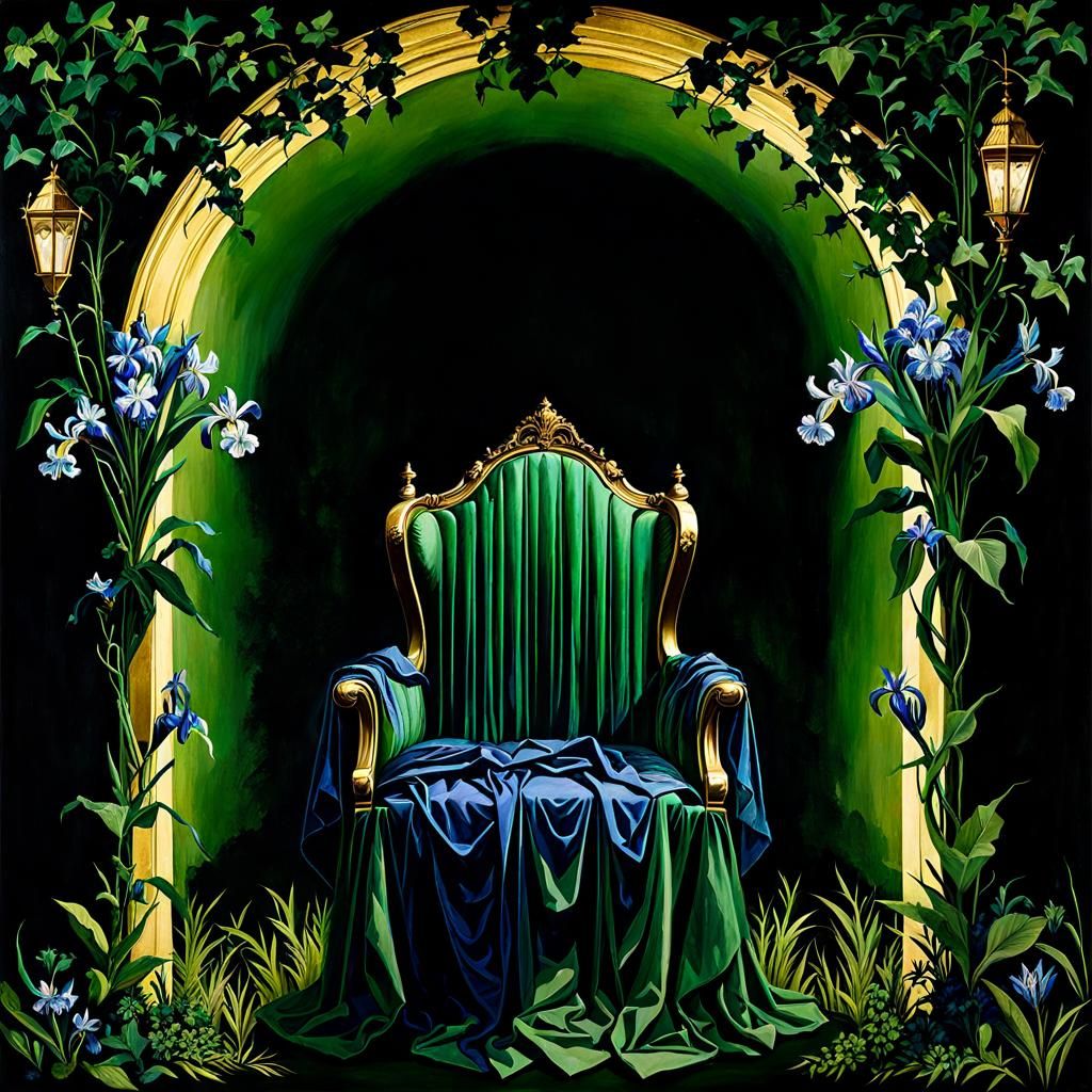 Ivy Throne with Ghostly Girls in Gothic Gouache