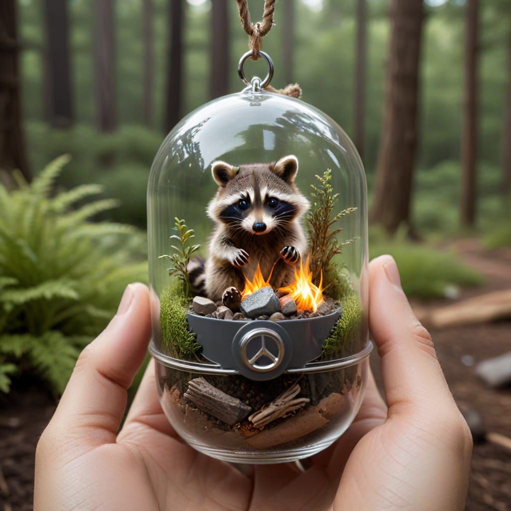Miniature Ecosystem in Glass Capsule with Raccoon