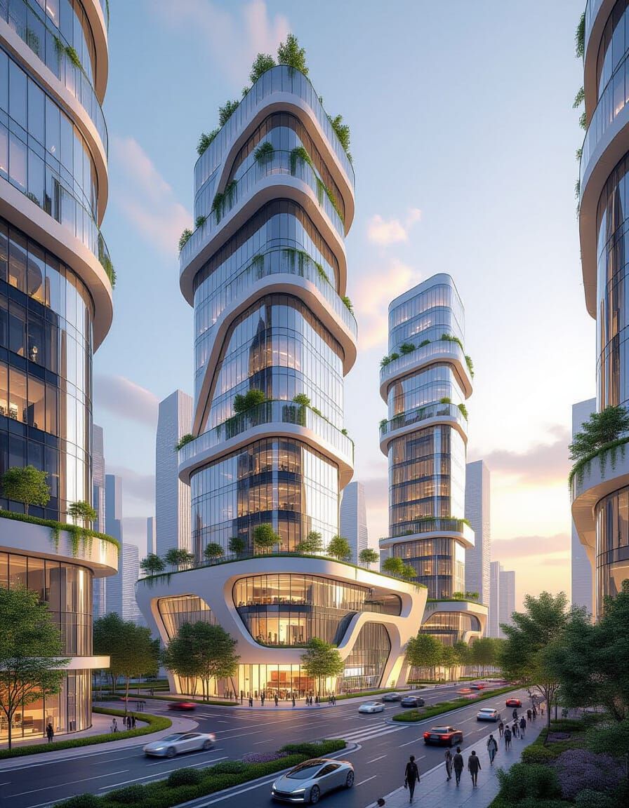 Futuristic Cityscape with Organic Skyscrapers at Sunset