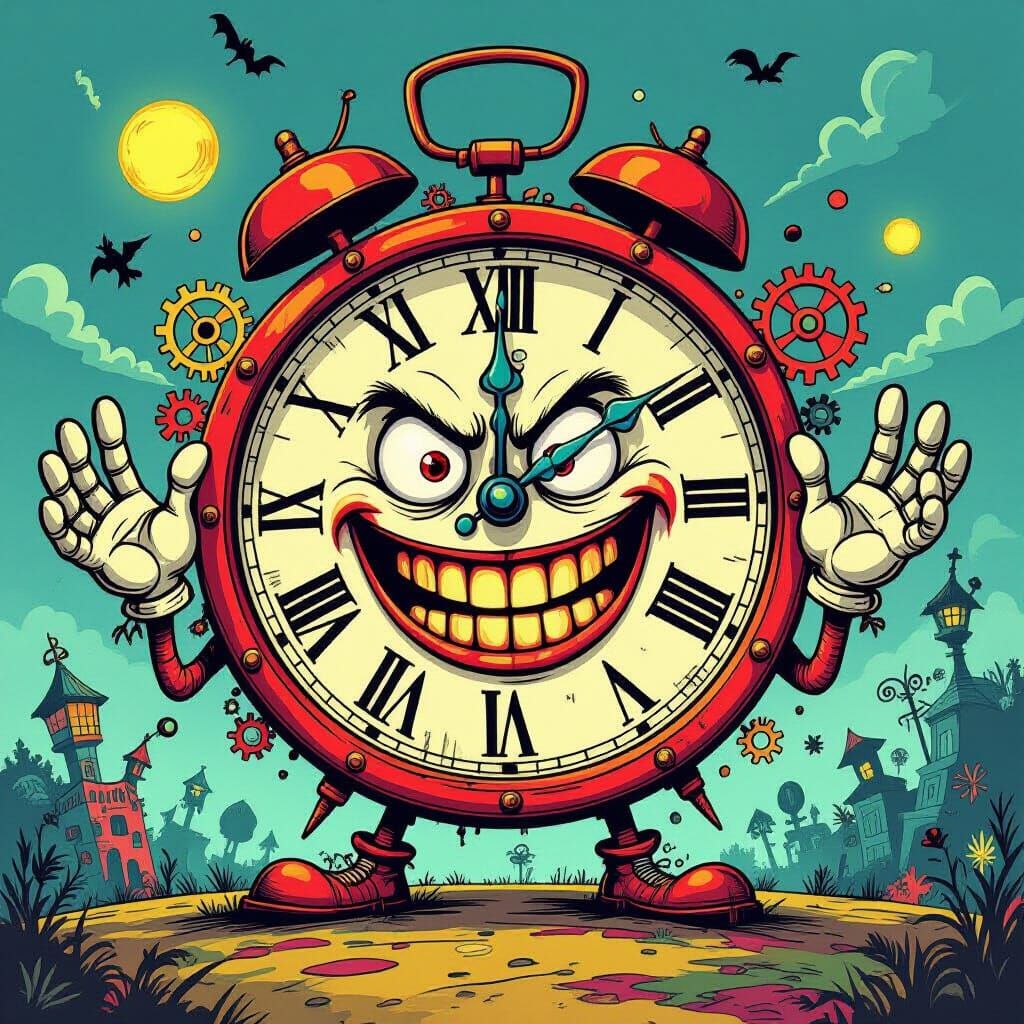 Manic Clock Character in Whimsical Surreal Landscape