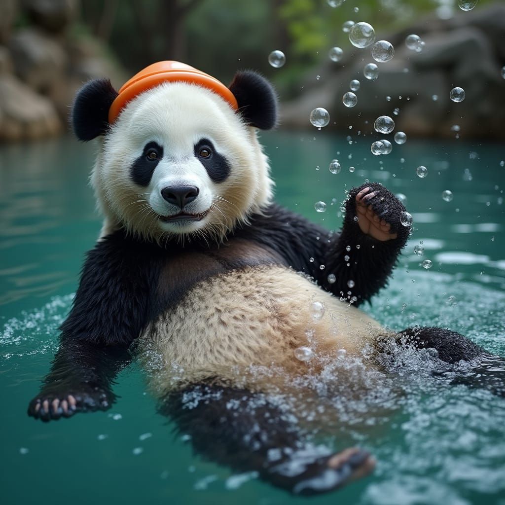 Panda Bear in a Refreshing Swimming Hole Scene