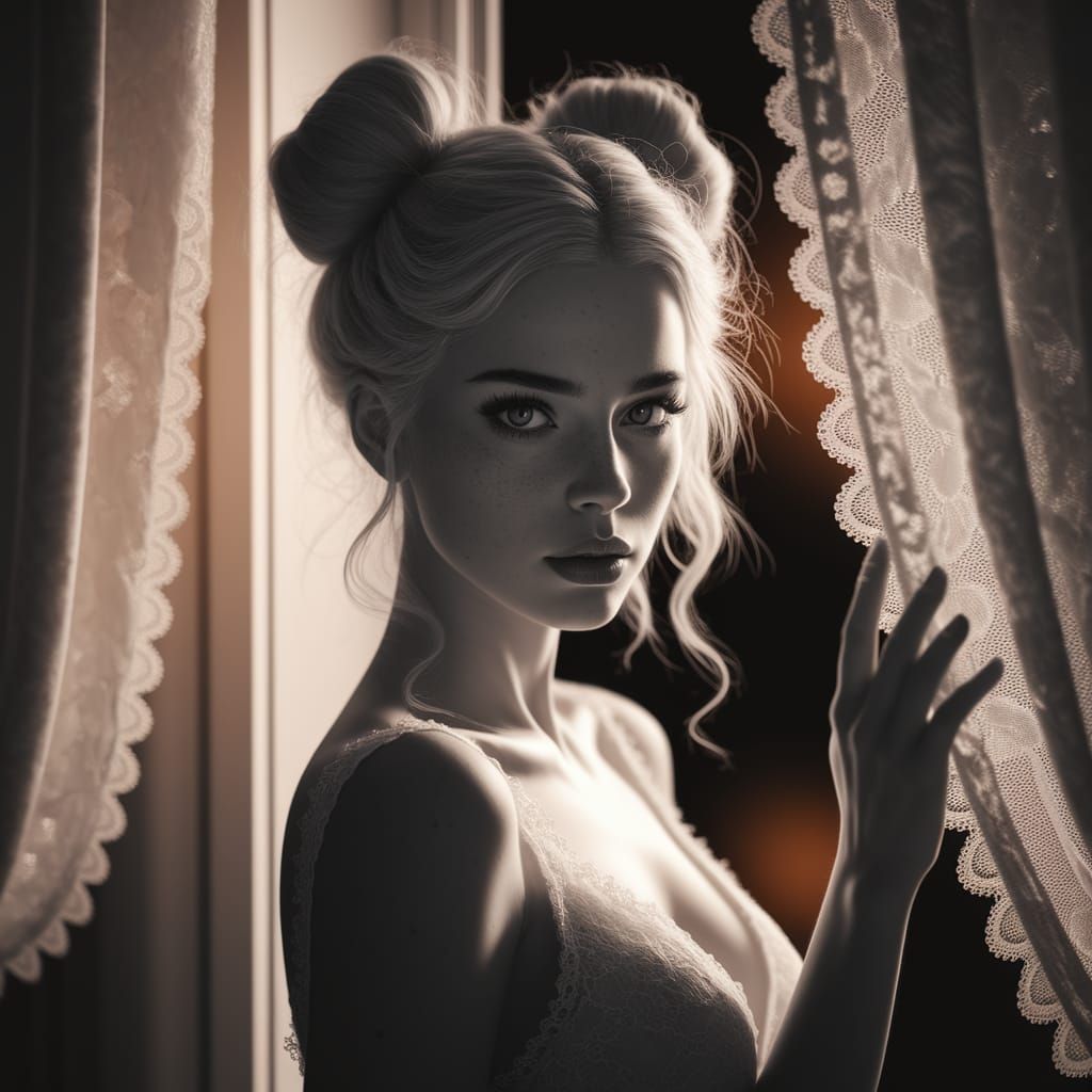 Ethereal Black-and-White Portrait of a Woman with Elegant Ha...