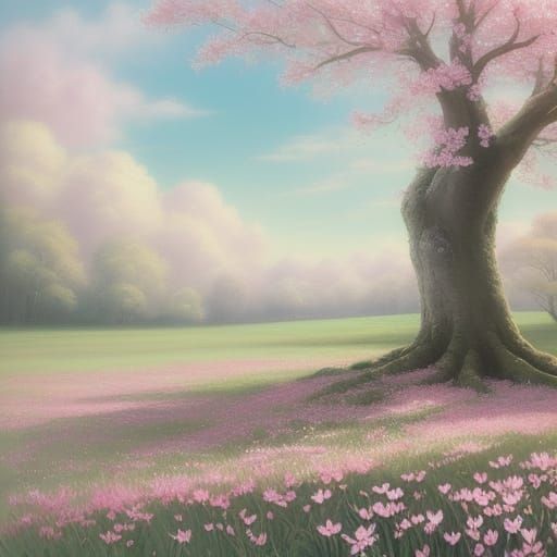 Ethereal Oak Tree Blooms with Cyclamen in a Lush Meadow