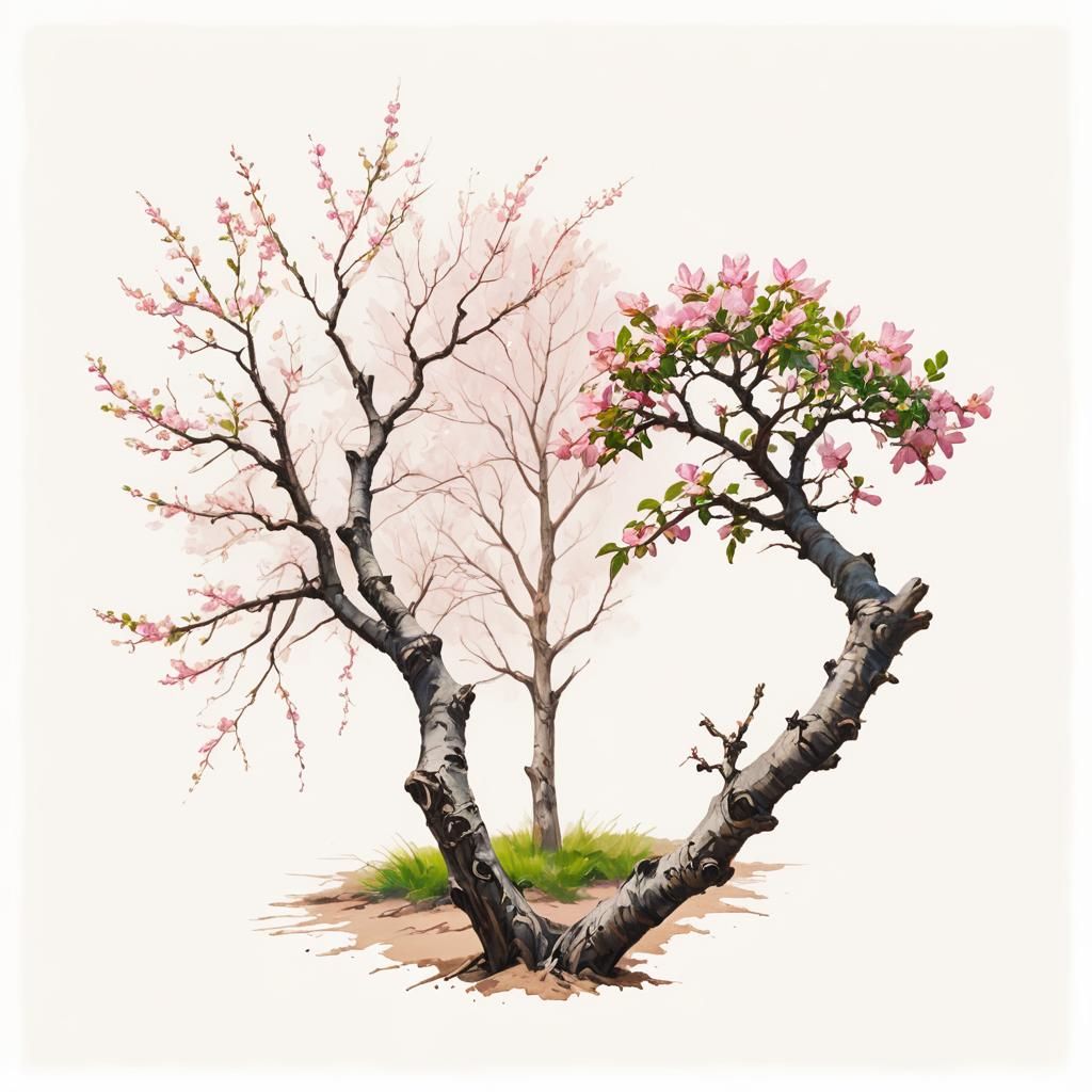 Blooming Tree with Pink Bows in Dreamy Oil Painting