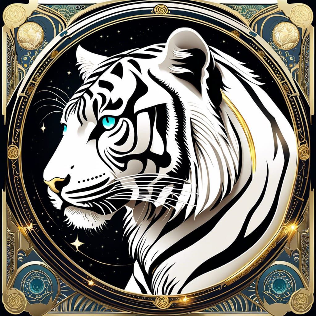 Cyberpunk Tiger Tarot Card in Art Nouveau Style