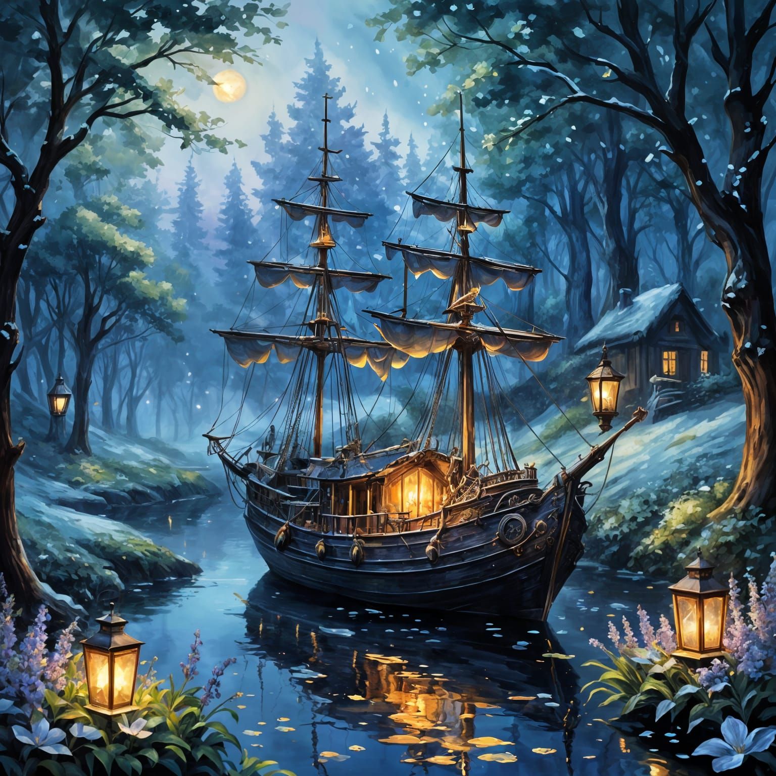 Mystical Snowy Galleon in an Enchanted Woodland Scene