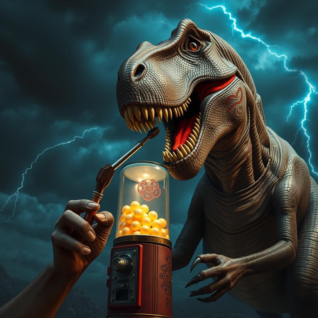 T-Rex Opens Gumball Machine in Sci-Fi Landscape