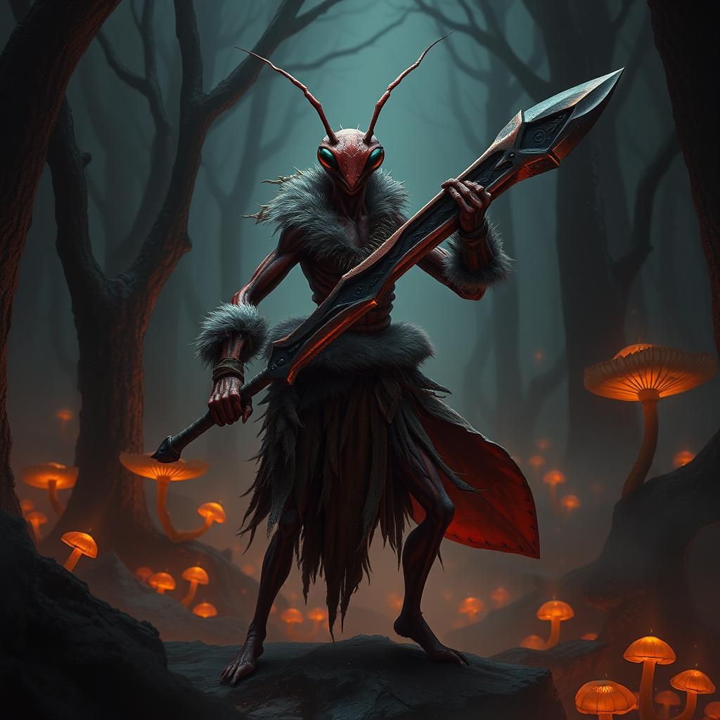 Crimson Mantis Warrior in Mystical Forest