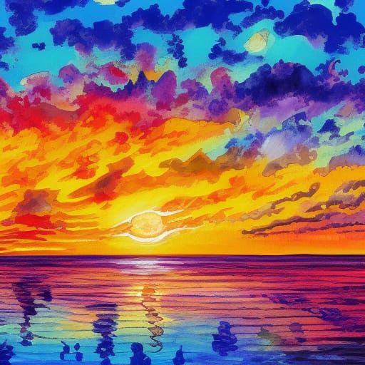 Epic Sunset in Gouache and Watercolor Style