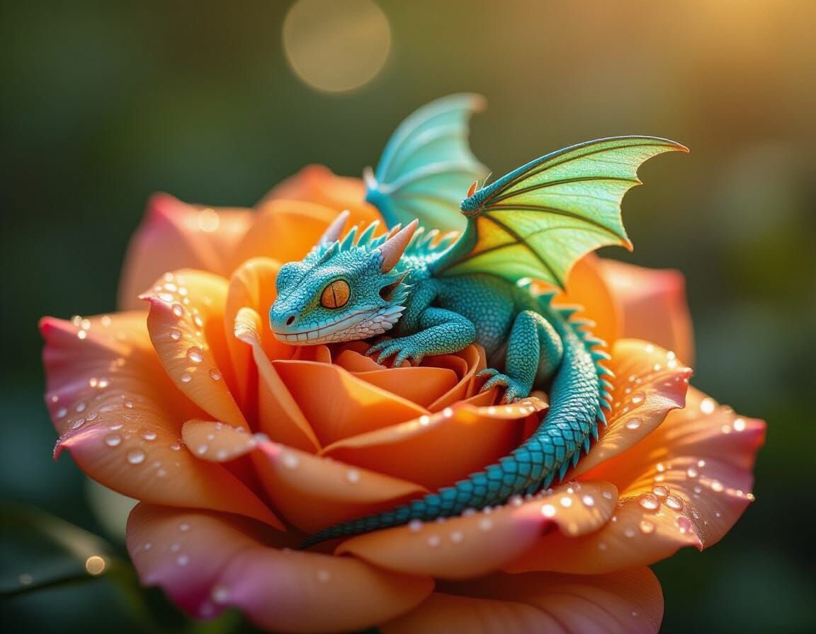 Turquoise Dragon Sleeping in Rose: Macro Photography