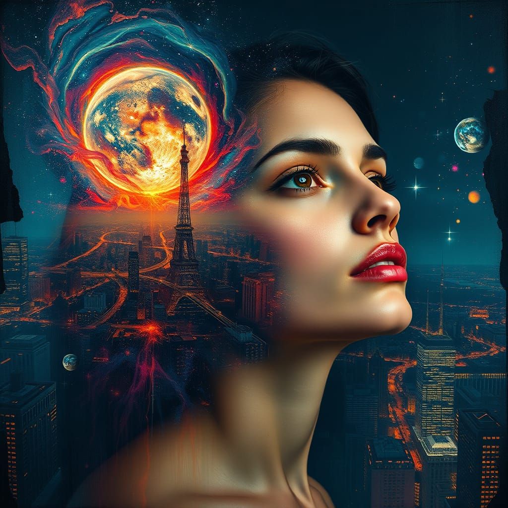 Ethereal Dreamer Contemplating Cosmic Wonders in Vibrant Met...