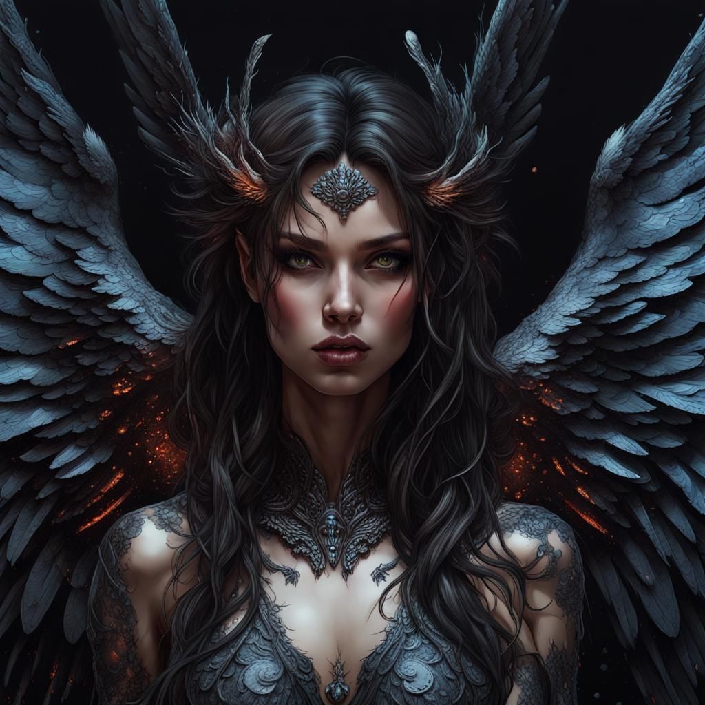 Dark Fallen Angel Portrait in Detailed Fantasy Art