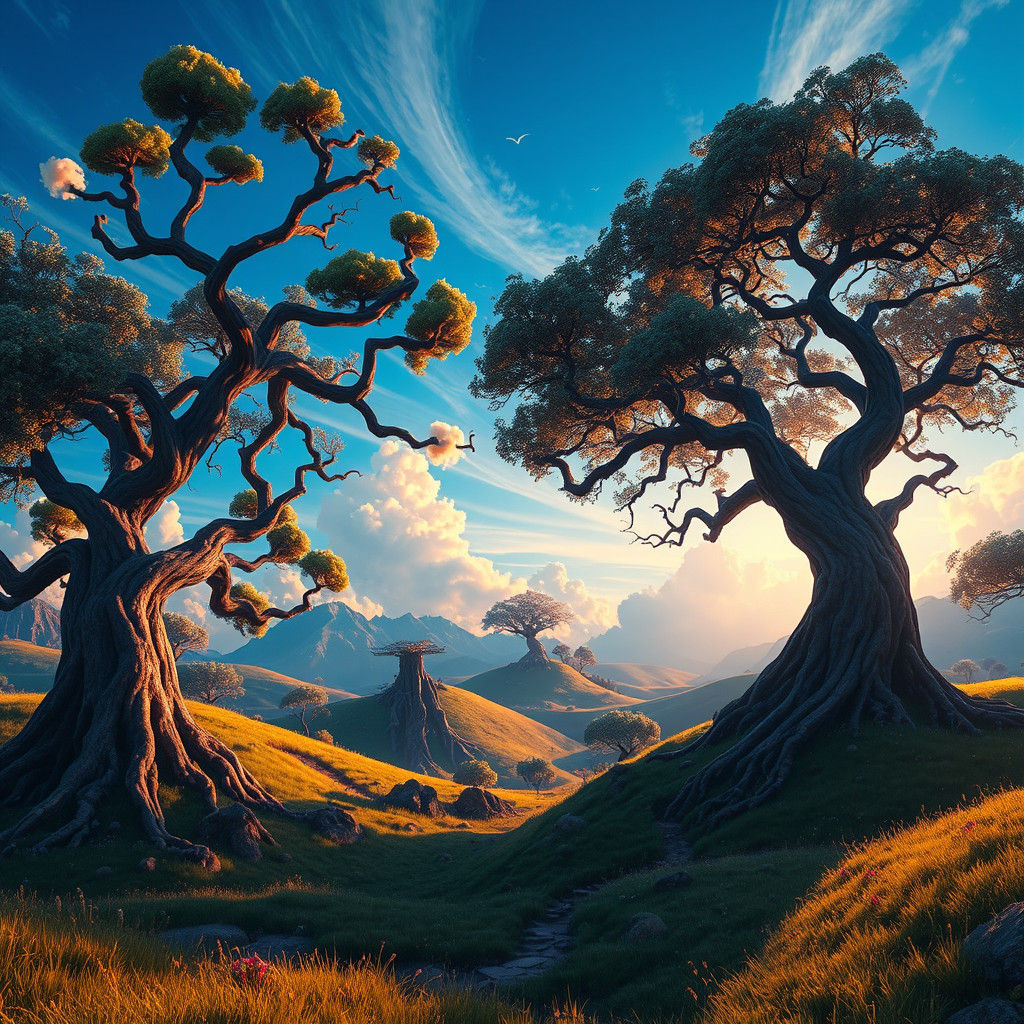 Whimsical Fantasy Landscape at Dusk in Digital Art