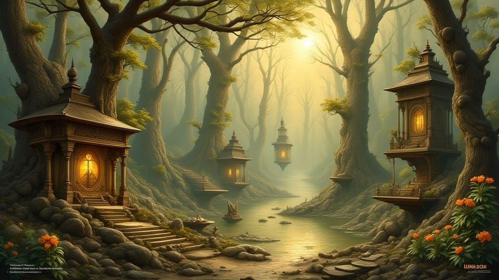 Whimsical Fantasy Landscape in Warm Golden Light