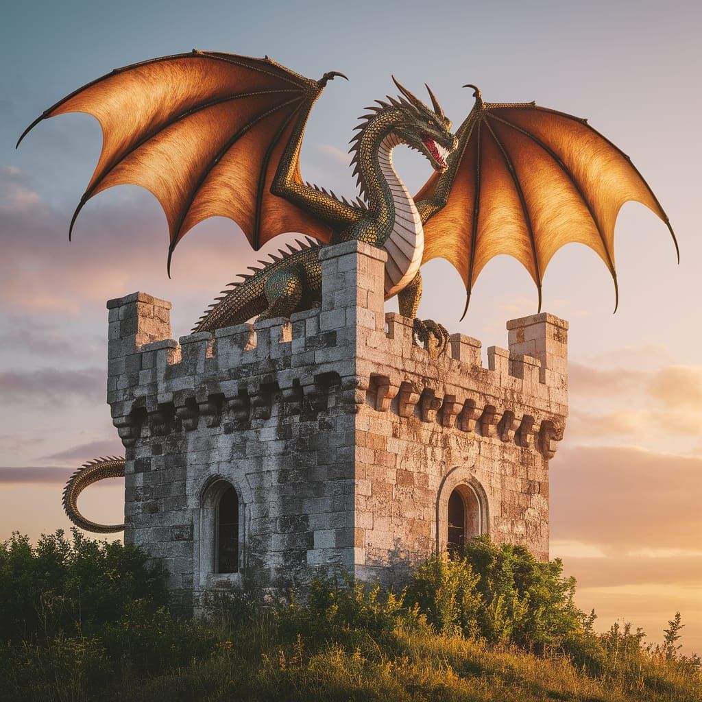 Dragon Perched Atop Ancient Stone Tower