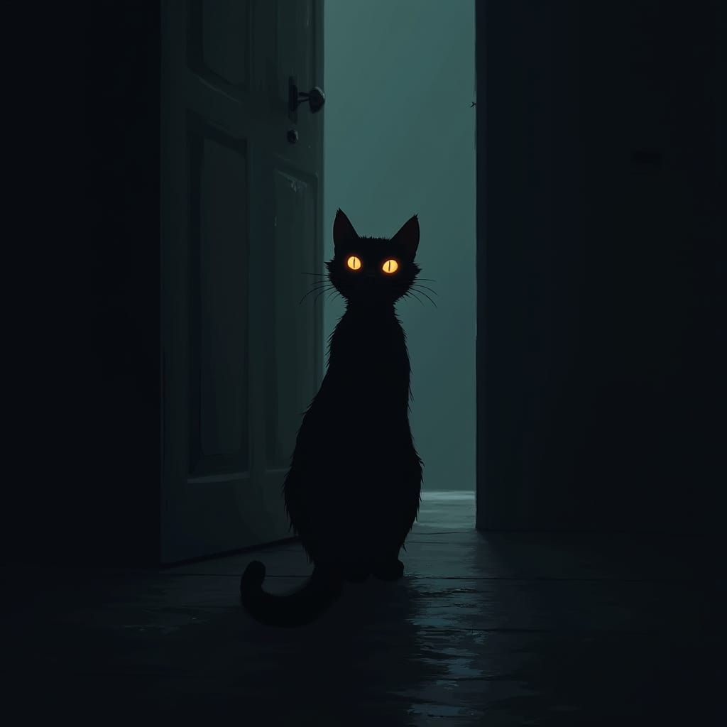 Glowing-Eyed Cat in Dark Room: Digital Illustration