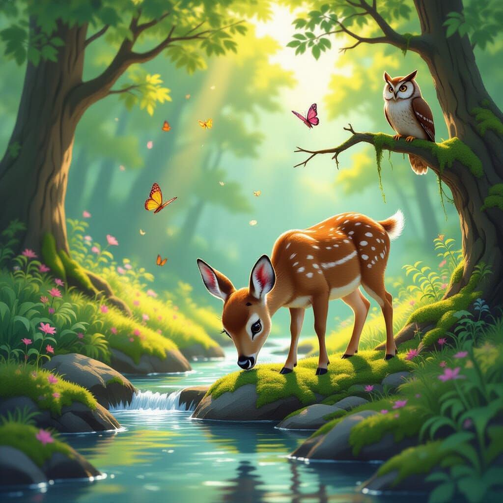 Enchanting Forest Scene with Doe and Butterflies