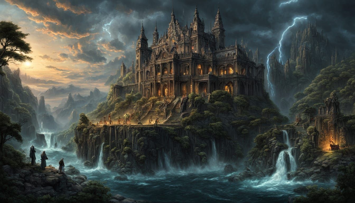 Ancient Library on Floating Island with Waterfalls